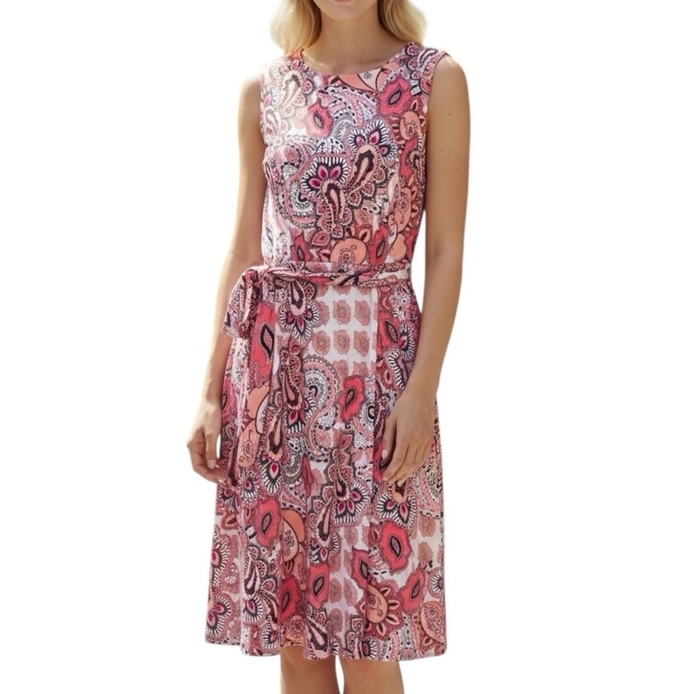 Charter Club Sleeveless Paisley Dress 1X Pink Multi A-Line Belted Knee Length
